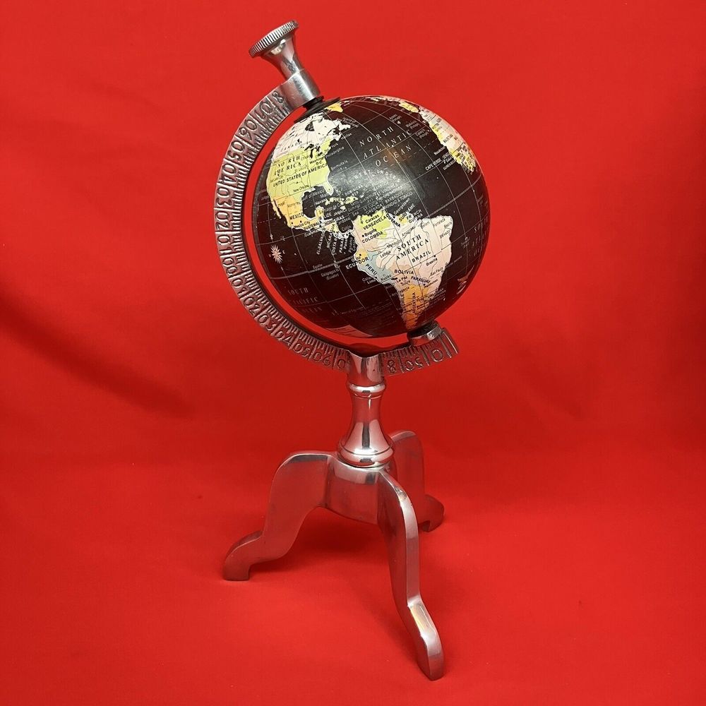 13.75" Tall World Globe / with 3 Leg Silver Stand / Black Oceans / Desktop /Flaw